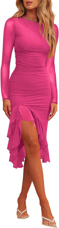Womens Mesh Ruched Ruffle Hem Midi Dress - Elegant Bodycon Fit