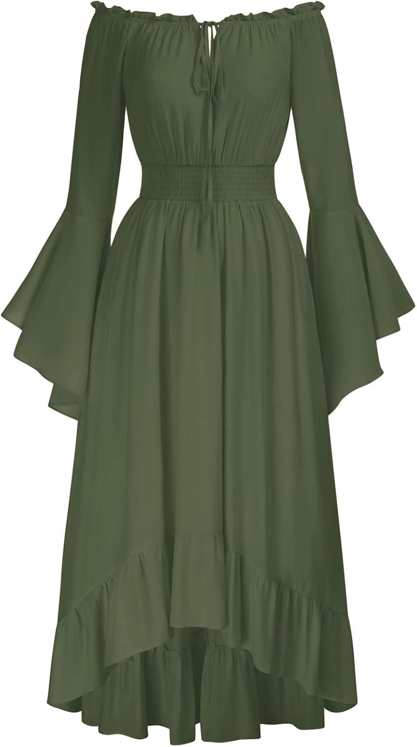 Renaissance Faire Costume Women Off Shoulder Long Bell Sleeve Dress