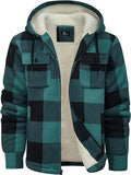 Men's Flannel Hooded Jacket Fleece Sherpa Lined Plaid Shirt Jacket is