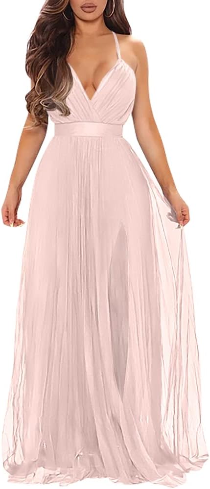 XXTAXN Women's Sexy Deep V Neck Split Maxi Dress for Parties