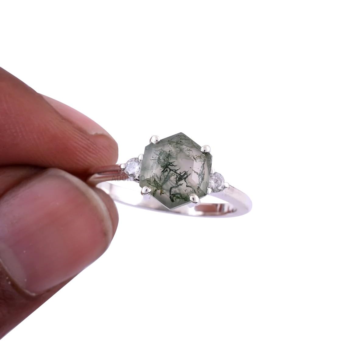 Solid 925 Sterling Silver Ring with Genuine Moss Agate Gemstone