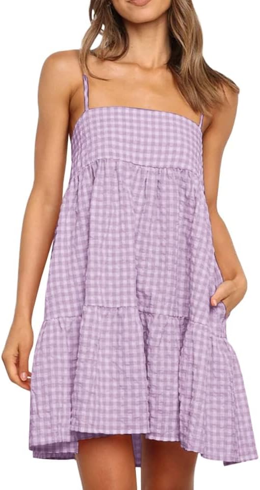 Womens Plaid A-line Dresses with Ruffle Hem and Side Pockets