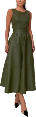 Green Faux Leather Long Dress with Belt - Elegant Sleeveless
