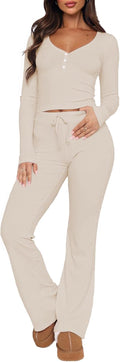 Womens 2 Piece Lounge Sets Long Sleeve Crop Top & Flare Pants - Soft