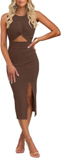 oten Women's Sleeveless Cutout Twist Front Bodycon Midi Dress - Ribbed