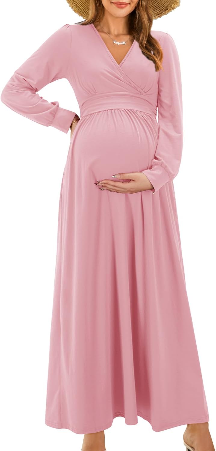 OUGES Fall Maternity Maxi Dress for Baby Shower and Photoshoot