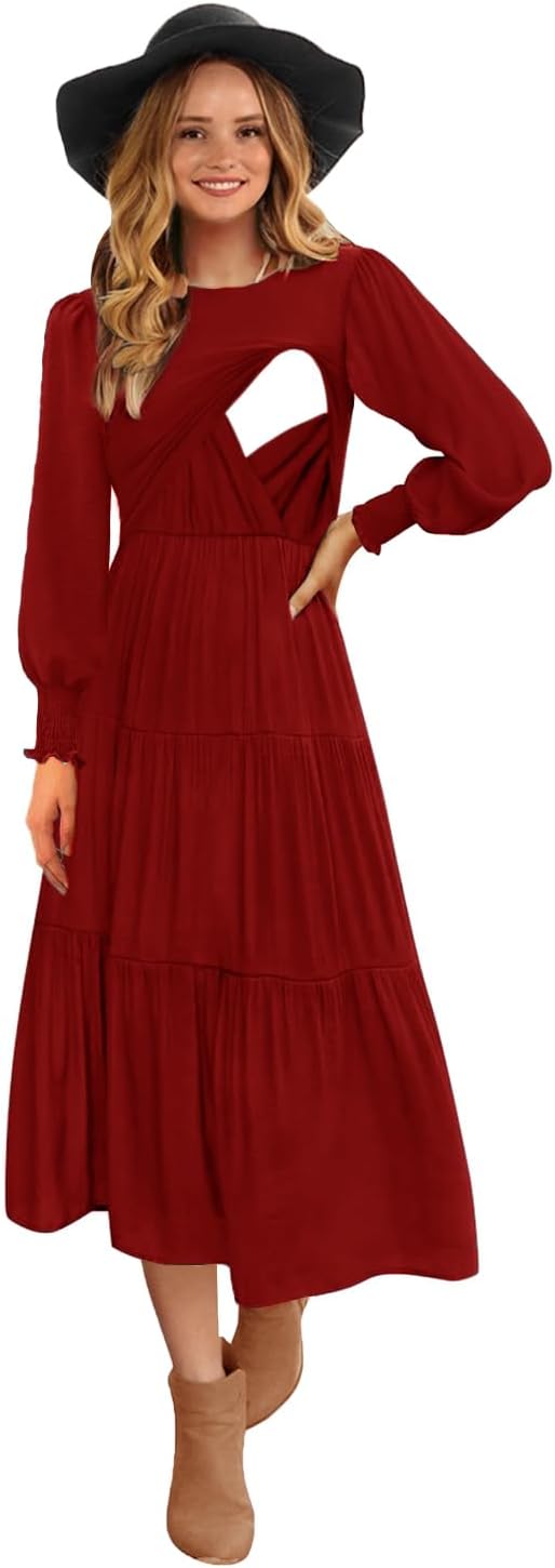 Womens Flutter Long Sleeve Smocked Tiered Nursing Dress Review