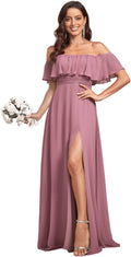 Ever-Pretty Off The Shoulder Side Split High Waist Chiffon Maxi