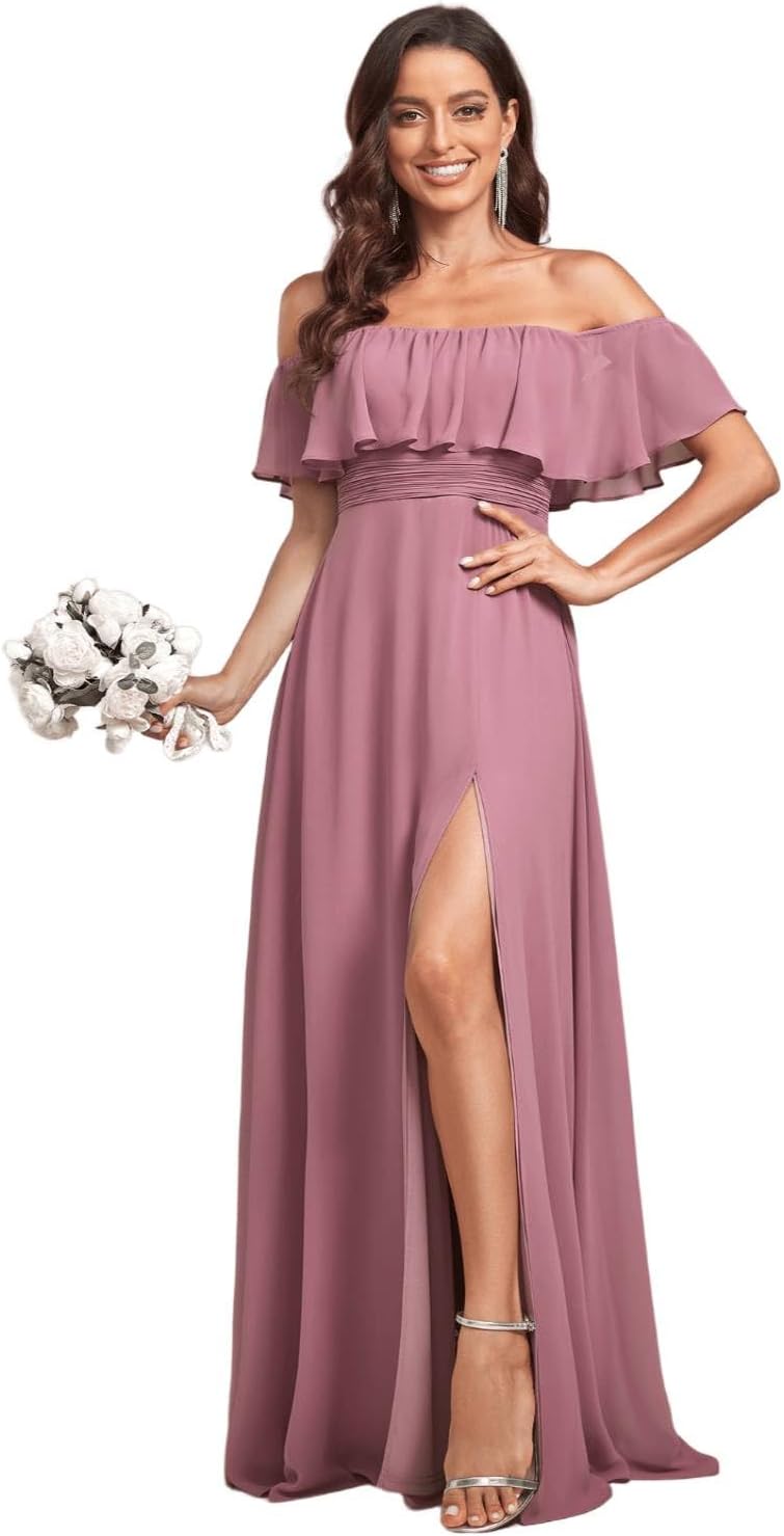 Elegant Off The Shoulder Side Split Maxi Bridesmaid Dress