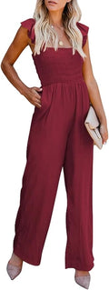 BLENCOT Womens Ruffle Spaghetti Strap Wide Leg Jumpsuit - Elegant Fit