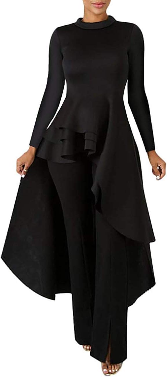 Lrady Women Ruffle High Low Asymmetrical Long Sleeve Blouse