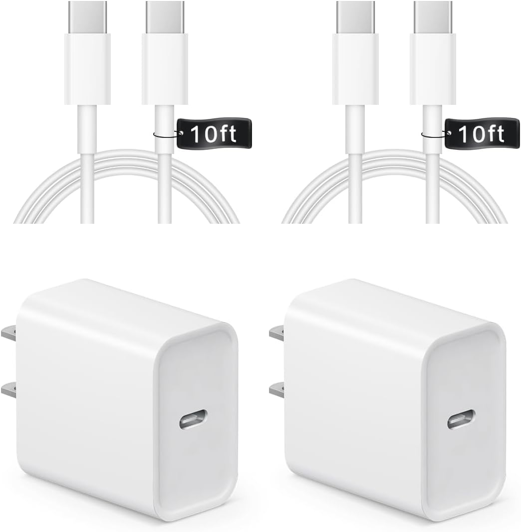 Fast Charge iPhone 16 & 15 - 2 Pack, 10Ft Cable - 20W USB C Wall Charger by ONXROM