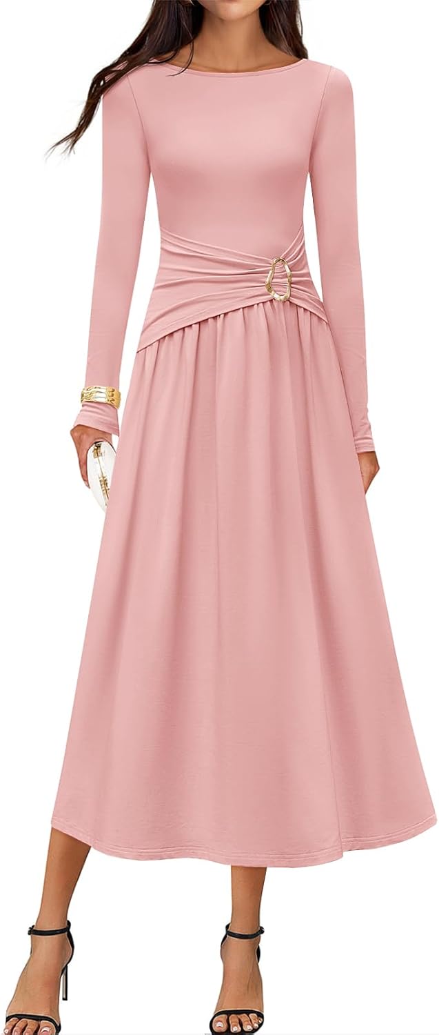 Elegant Boat Neck Long Sleeve Midi Dress for Women 2025