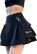Ruolai Goth Black Pleated Mini Skirt with Chain for Style