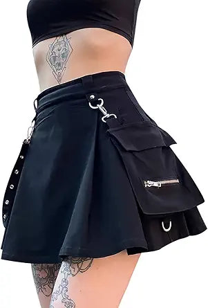 Ruolai Goth Black Pleated Mini Skirt with Chain for Style