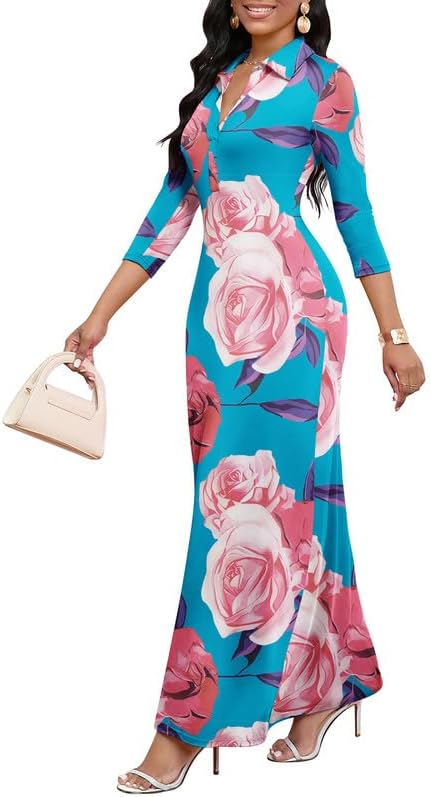 Maxi Dresses for Women Casual V Neck 3/4 Sleeve Bodycon Style