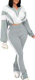 Stylish Color Block Long Sleeve Zip Jacket and Pants Set for Women