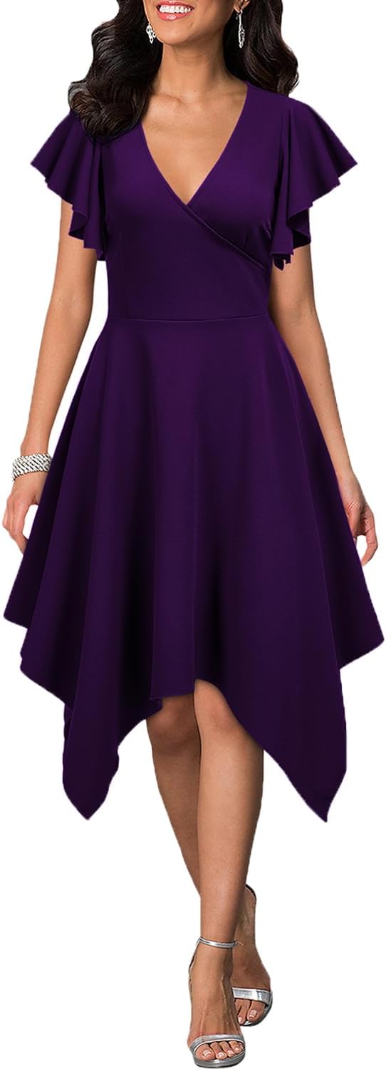 WOOSEA Women's Deep V Neck Asymmetrical A Line Cocktail Dress
