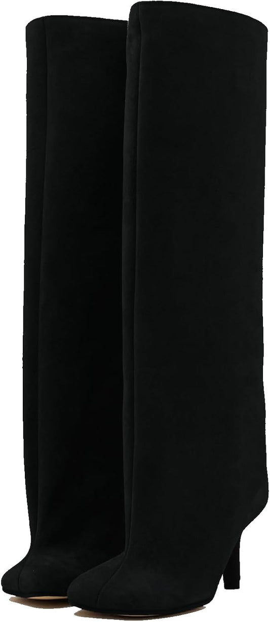Women's Knee High Suede Boots with Square Toe and Stiletto Heels