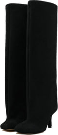 Women's Knee High Suede Boots Wide Calf Square Toe Stiletto Heels bold