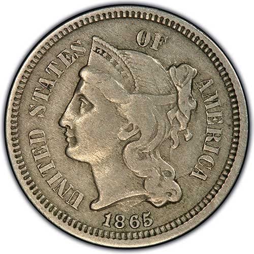 3 Cent Nickel Coin Grade VF 30+ Year 1865 for Collectors