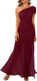 One Shoulder Sleeveless Ruched Bodycon Maxi Dress - Elegant Evening