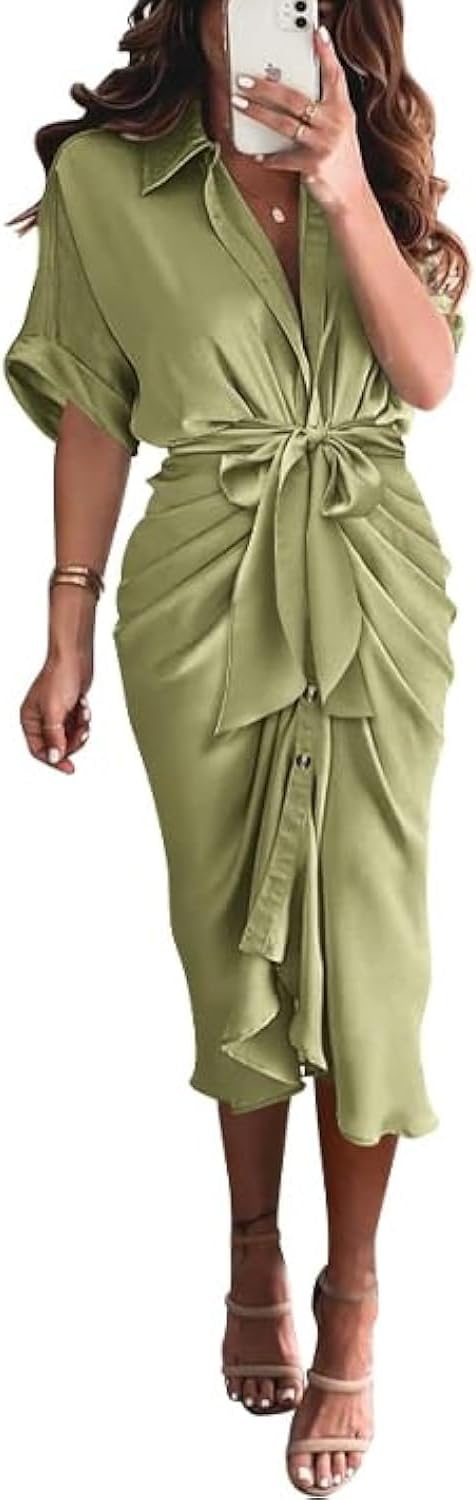 BTFBM Women Button Down Ruched Satin Maxi Dress for Summer