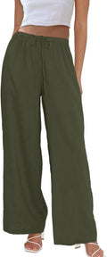 Cotton Linen Palazzo Pants Drawstring Elastic Waist - Casual Wide Leg