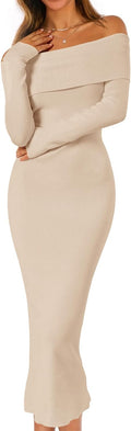 MEROKEETY Off Shoulder Bodycon Sweater Dress - Elegant Fall Midi Shoes