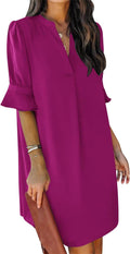 Women V Neck Ruffle Summer Dress - Lightweight Polyester Casual