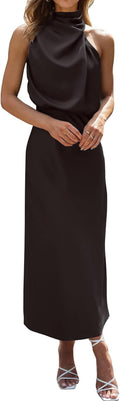 Sleeveless Mock Neck Satin Maxi Dress - Flattering Evening Fit