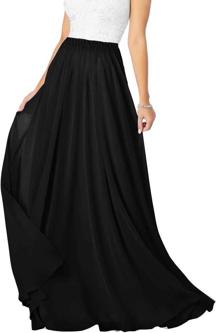 v28 Women Full Length Elastic Pleated Retro Maxi Chiffon Skirt