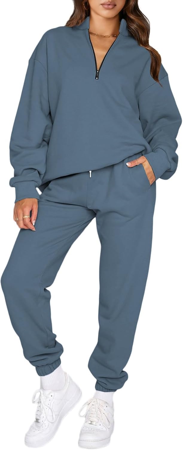 Stylish Oversized Half Zip Pullover Jogger Pants Set for Women