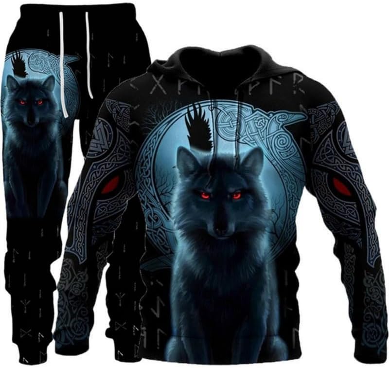 3D Printed Wolf & Lion Hoodie Pants Suit for Men Casual Wear