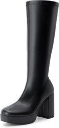 Women's Platform Knee High Boots Chunky Block Heel - Shiny Vegan