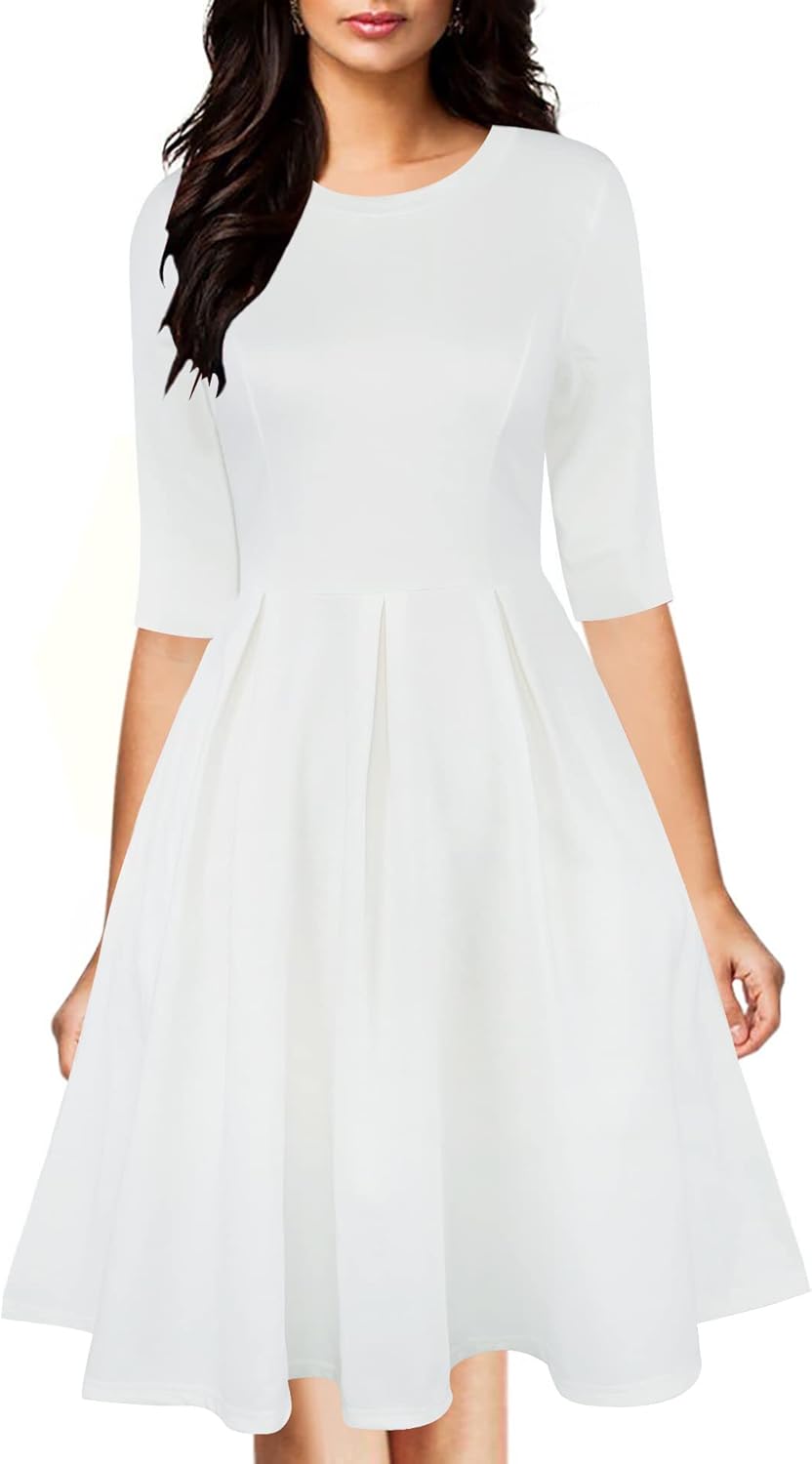Oxiuly Women's Vintage Half Sleeve O-Neck Swing Dress with Pockets
