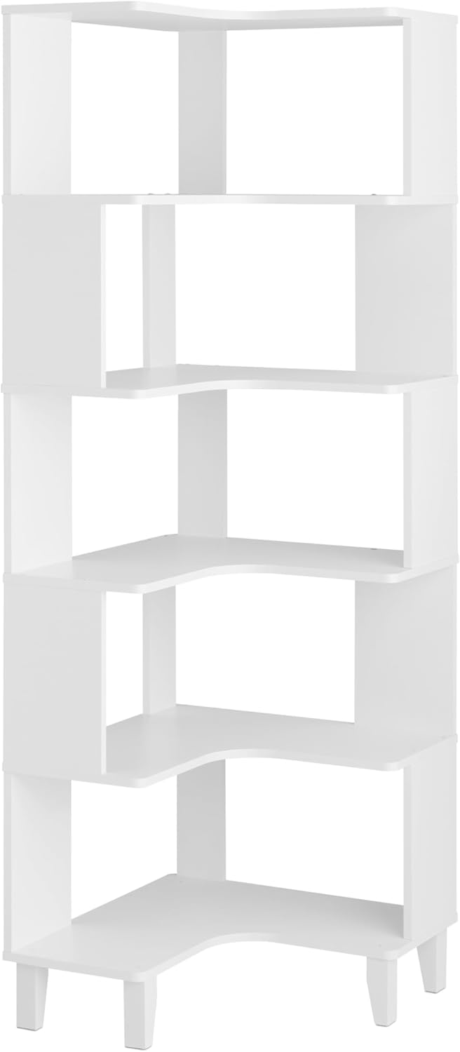 Prepac Nordik 6-Tier White Modern Mid Century Corner Bookcase
