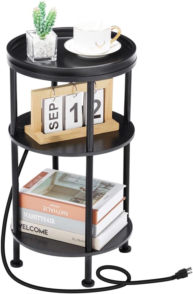 Small Round Side Table with Charging Station for Small Spaces