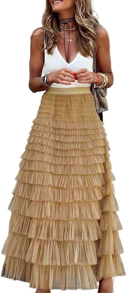 Trendy High Waisted Long Tulle Skirt for Women Fluffy A Line