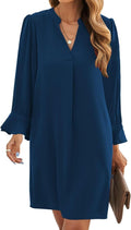 Wkior Long Sleeve V Neck Casual Swing Shift Dress - Flowy Comfort