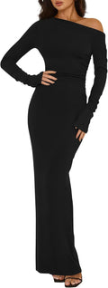 One Shoulder Long Sleeve Bodycon Maxi Dress - Ruched, Slit Elegance