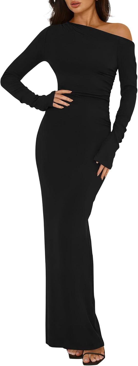 One Shoulder Long Sleeve Dress for Women - Bodycon Maxi Style