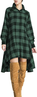 olrain Womens Plaids V Neck Long Sleeve Irregular Hem Shirt Dress Made