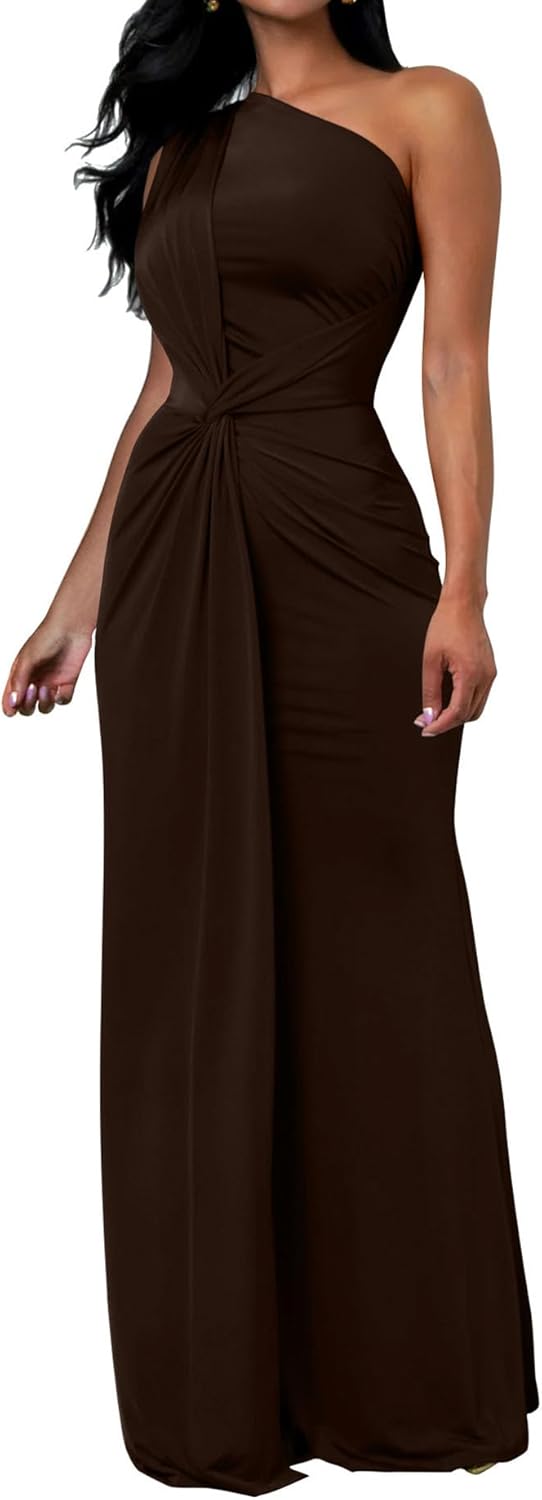 Elegant Sleeveless One Shoulder Bodycon Evening Cocktail Maxi Dress