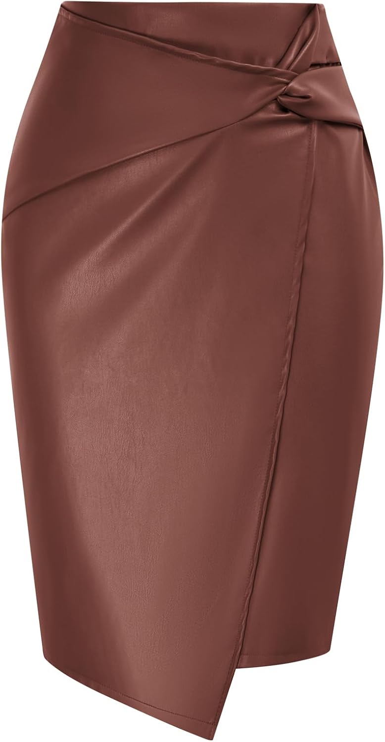 Faux Leather High Waist Wrap Knit Bodycon Midi Skirt Review