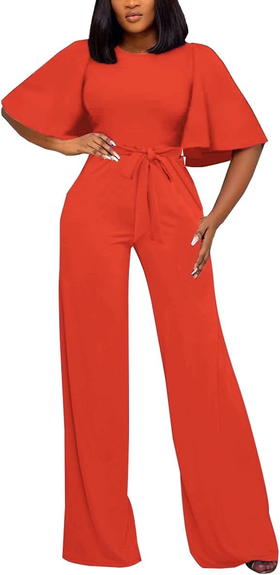 BessCops Womens Loose Short Sleeve Belted Wide Leg Jumpsuit