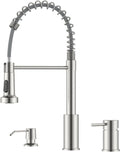 Kitchen Faucet 3 Holes Brushed Nickel Spring Design - Smooth Pull-Down