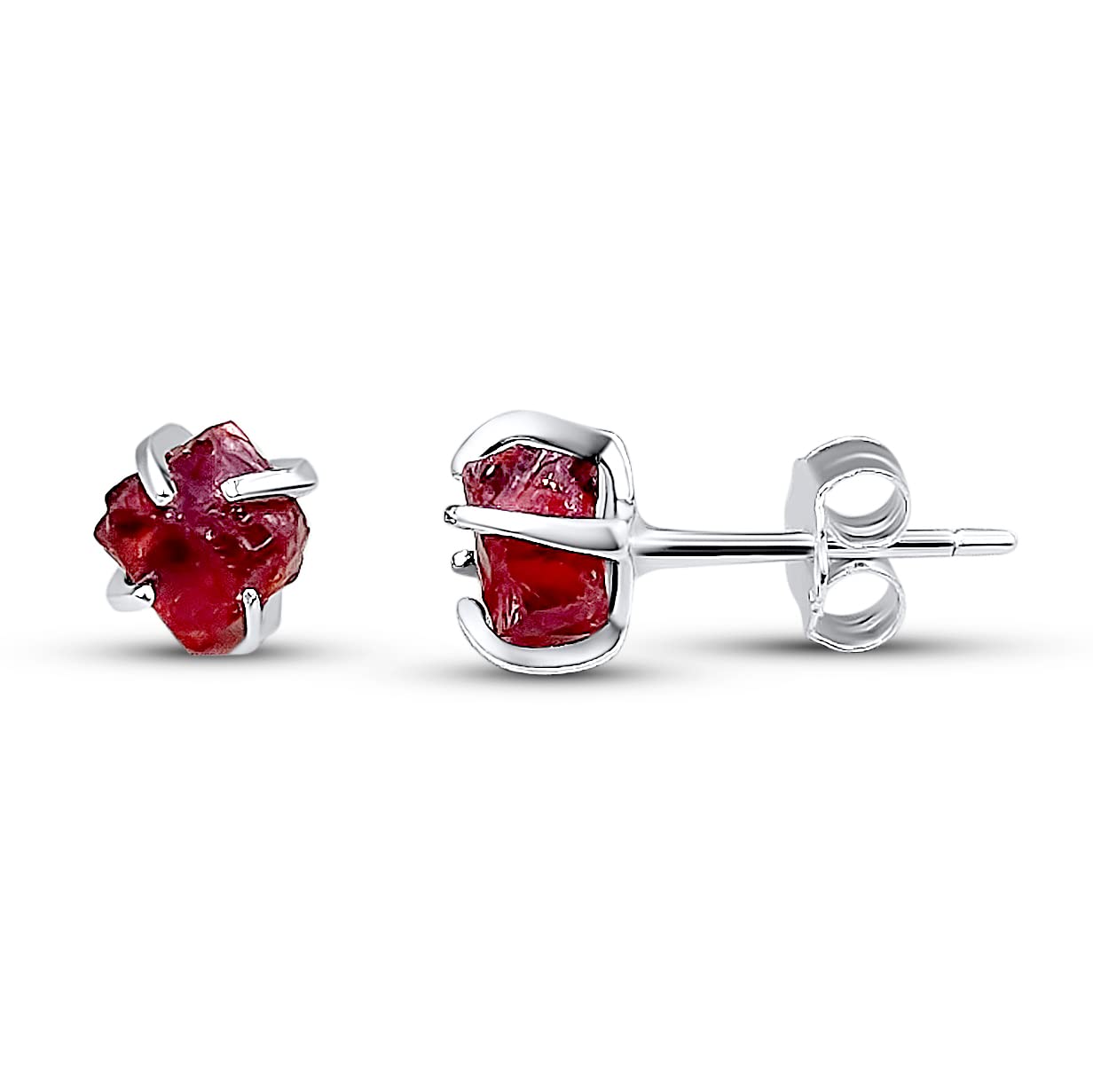 Real Raw Garnet Stone Tiny Stud Earrings in 925 Sterling Silver