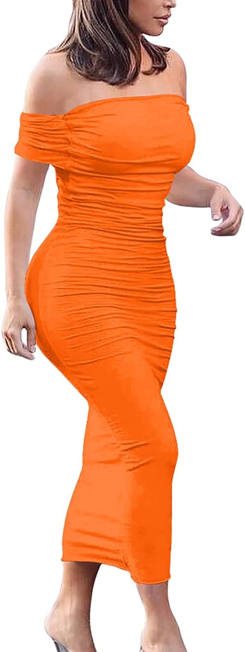 GOBLES Women's Ruched Off Shoulder Midi Dress for Parties