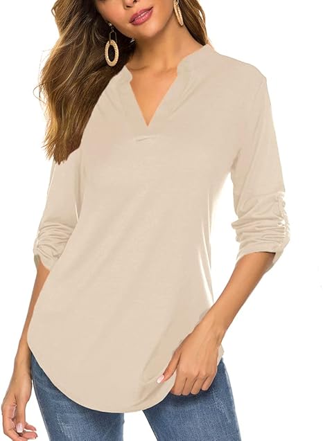 Halife Women's Roll Up 3/4 Sleeve Floral Print V Neck Tunic